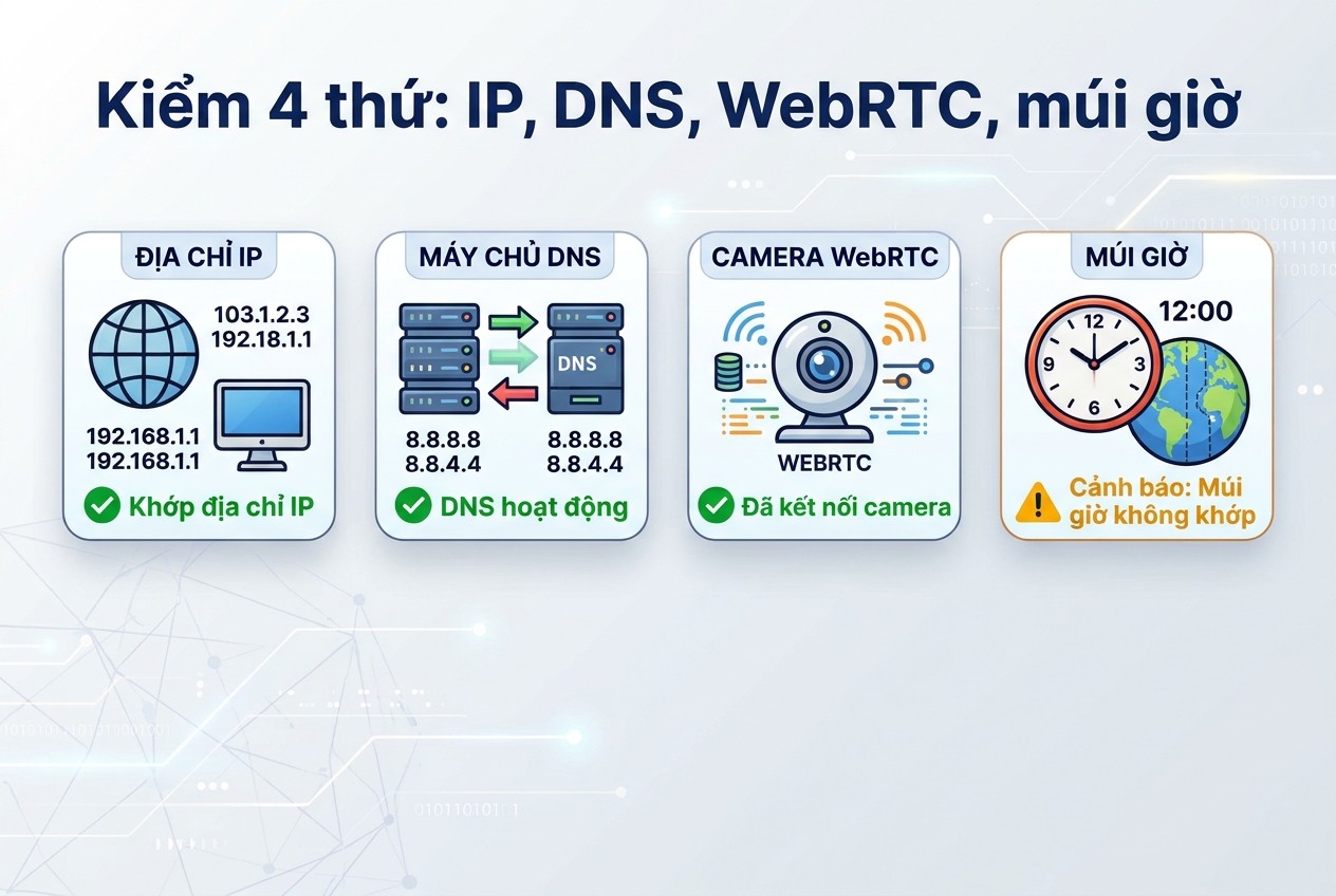 Kiểm 4 thứ: IP, DNS, WebRTC, múi giờ