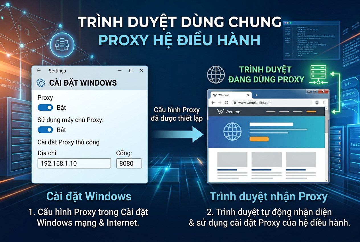Chrome dùng chung proxy hệ điều hành: cài ở Windows là Chrome nhận