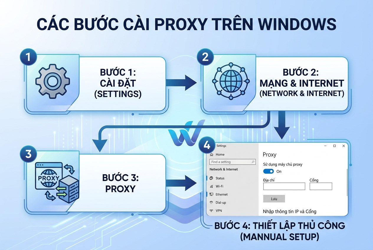 Các bước cài proxy trên Windows: Settings > Network > Proxy > Manual setup