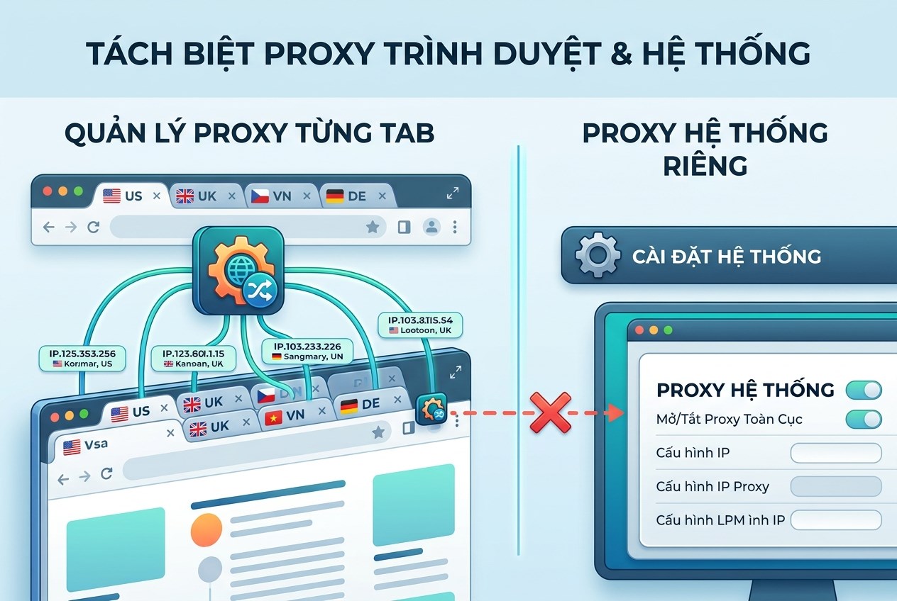 Dùng extension để mỗi tab một proxy, không đụng proxy hệ thống