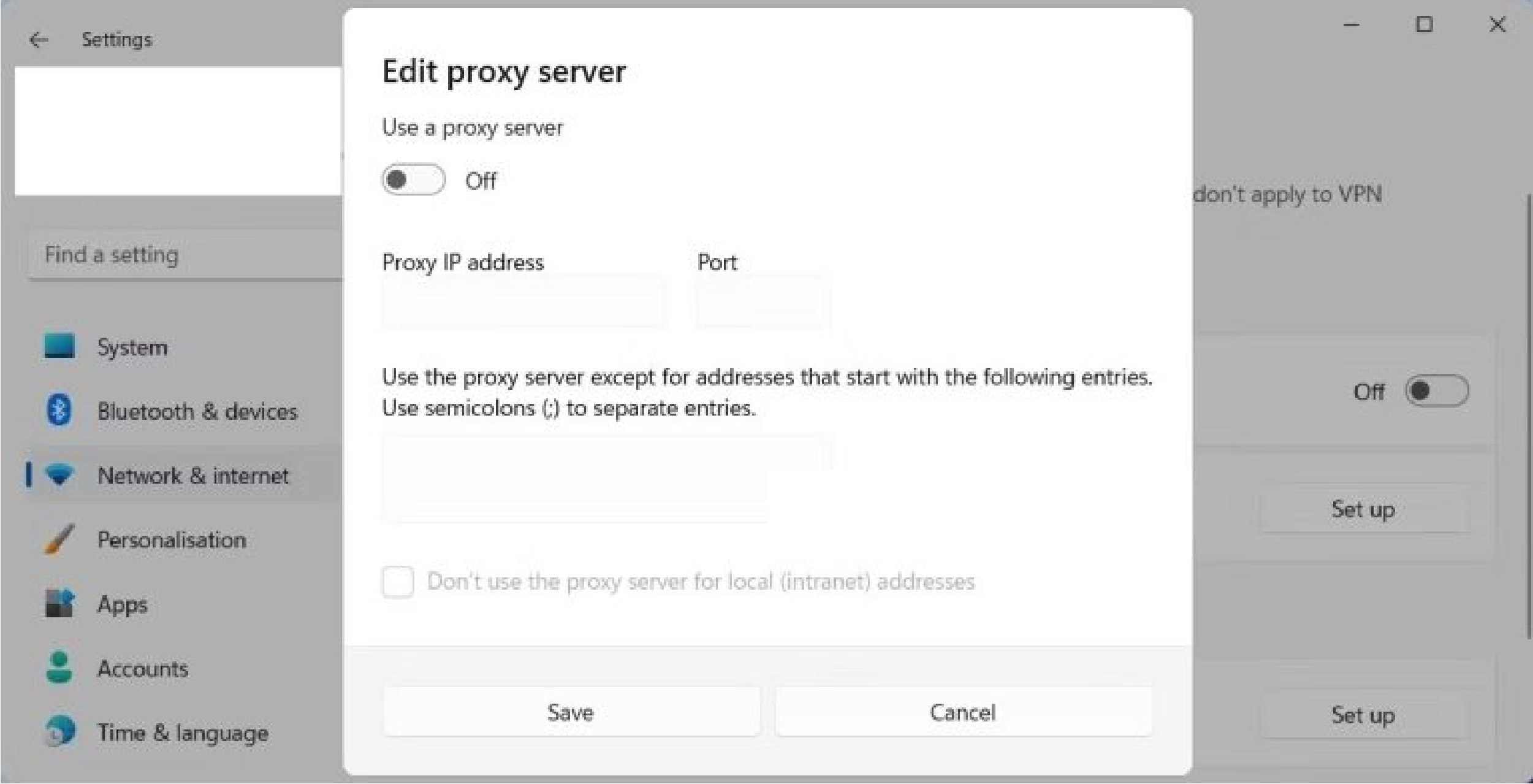 Gạt nút Use a proxy server sang off