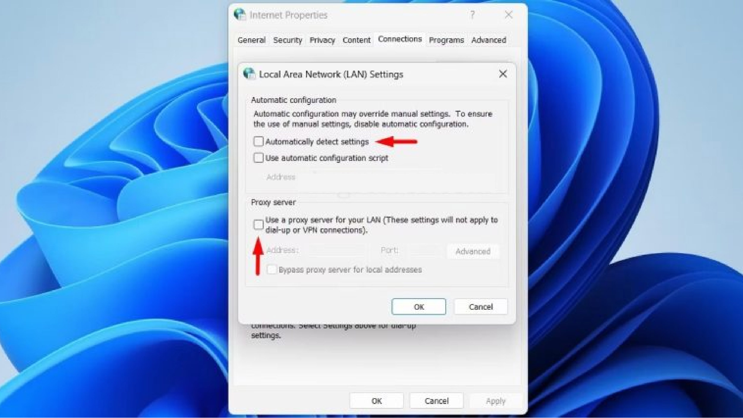 Tắt proxy và chọn OK trong hộp thoại Lan Setting
