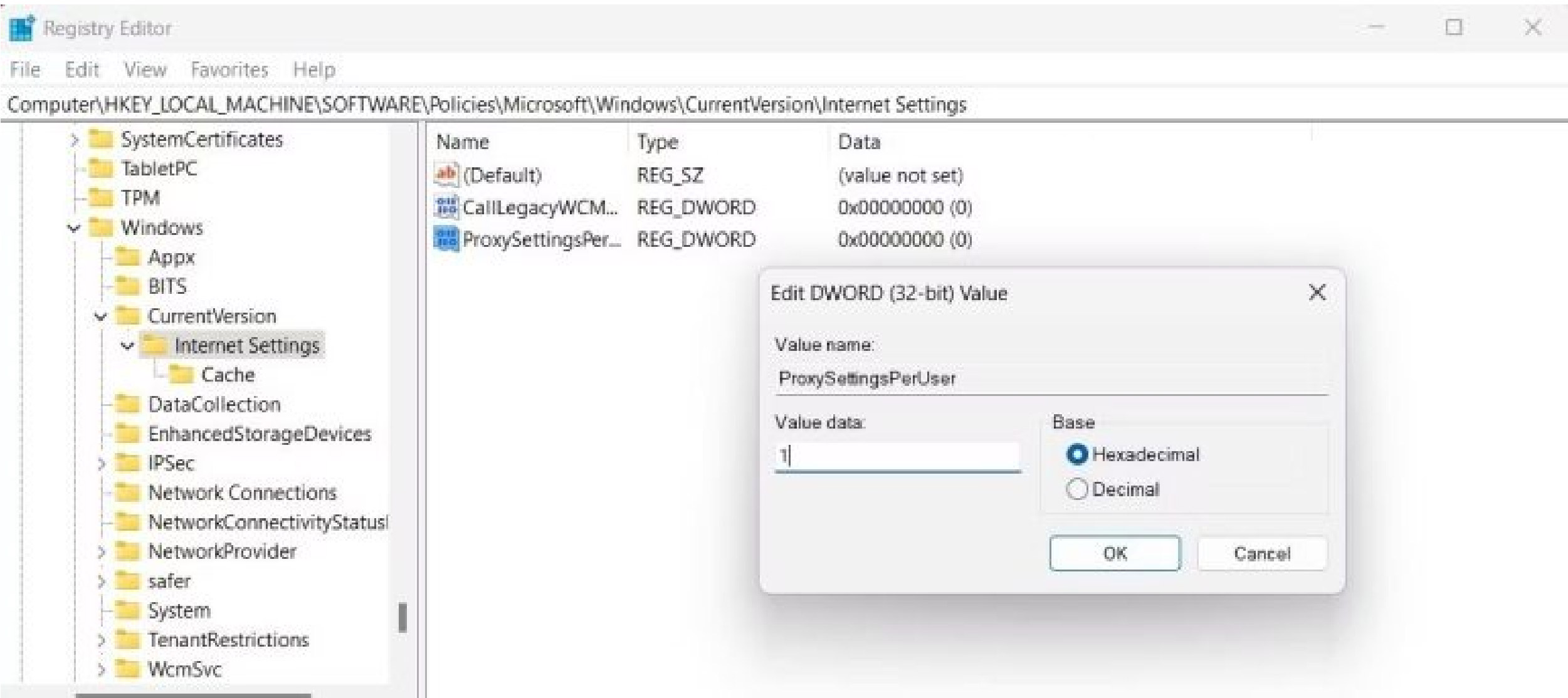 Tắt proxy vĩnh viễn thông qua Registry Editor