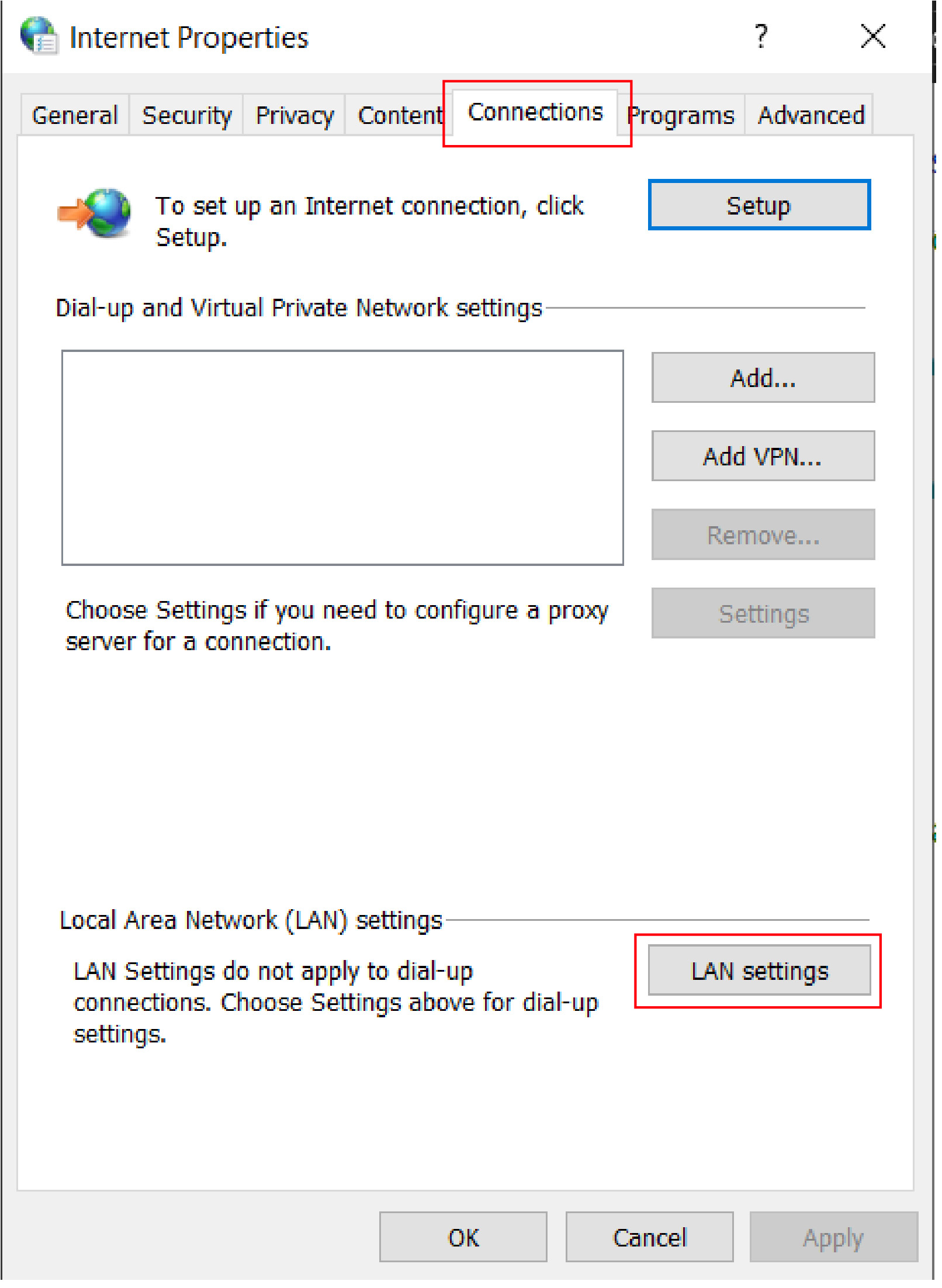  chuyển sang thẻ Connections v&agrave; nhấp v&agrave;o n&uacute;t LAN settings 