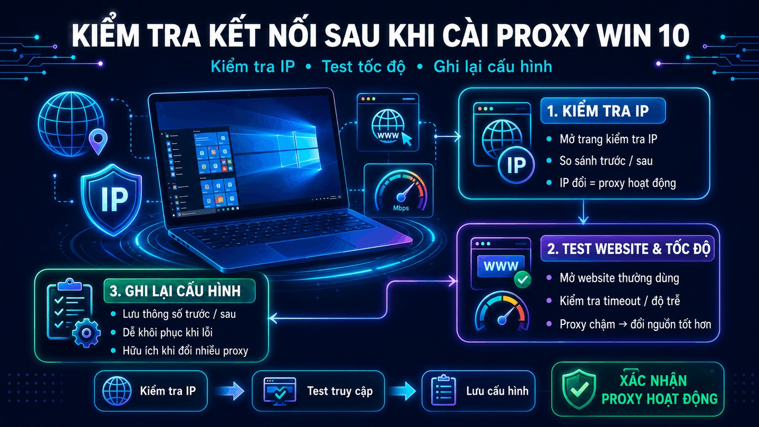 Cách kiểm tra kết nối sau khi cài đặt proxy cho Win 10