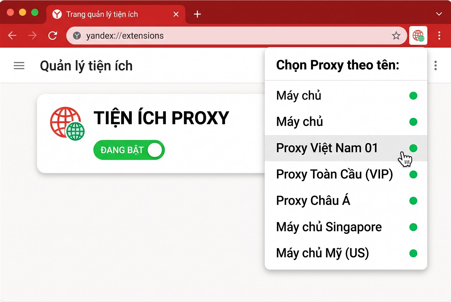 Tiện ích proxy trong Yandex Browser