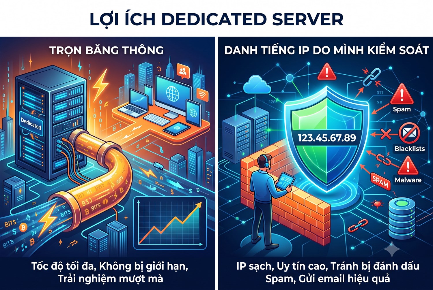 Dedicated: trọn băng thông, danh tiếng IP do mình kiểm soát