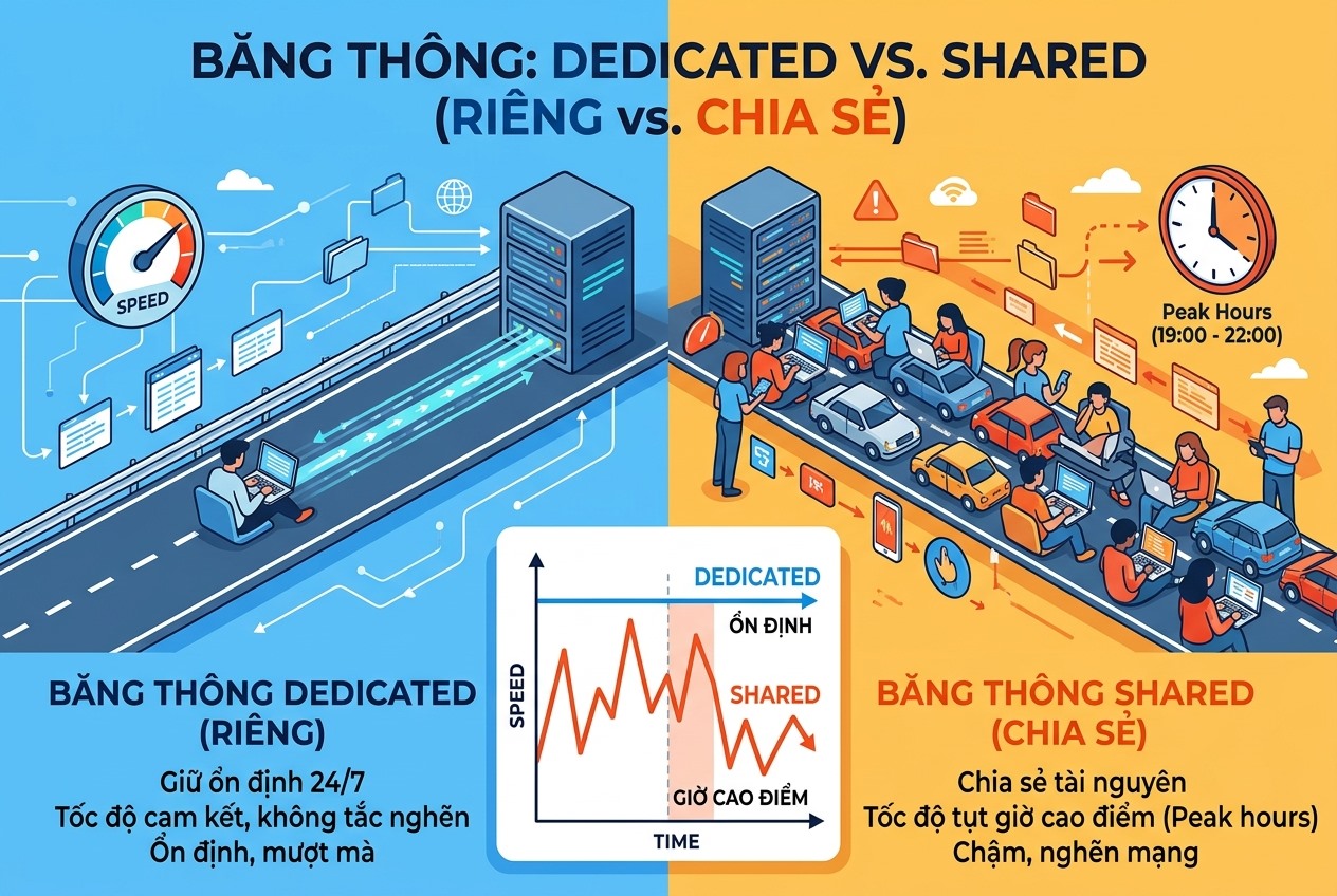 Băng thông: dedicated giữ ổn định, shared chia sẻ và tụt giờ cao điểm