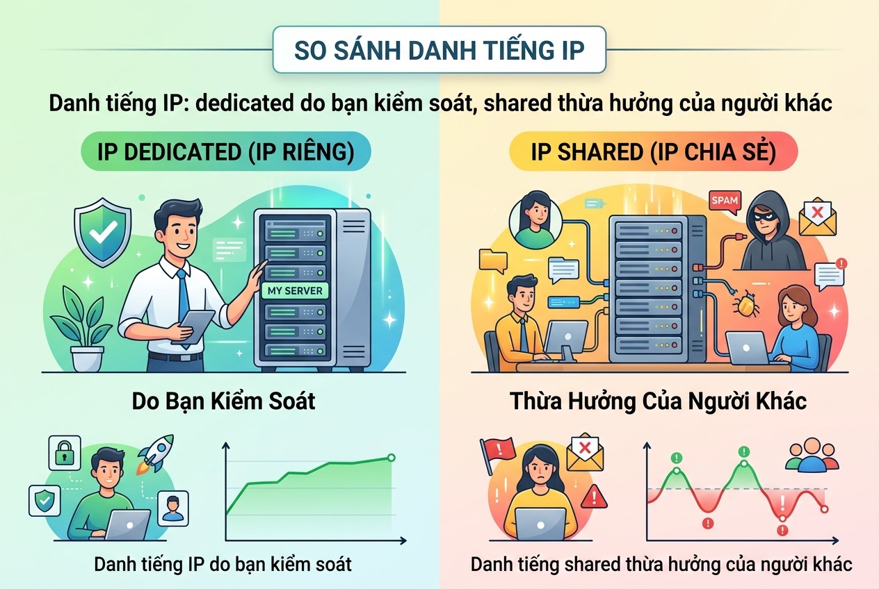 Danh tiếng IP: dedicated do bạn kiểm soát, shared thừa hưởng của người khác