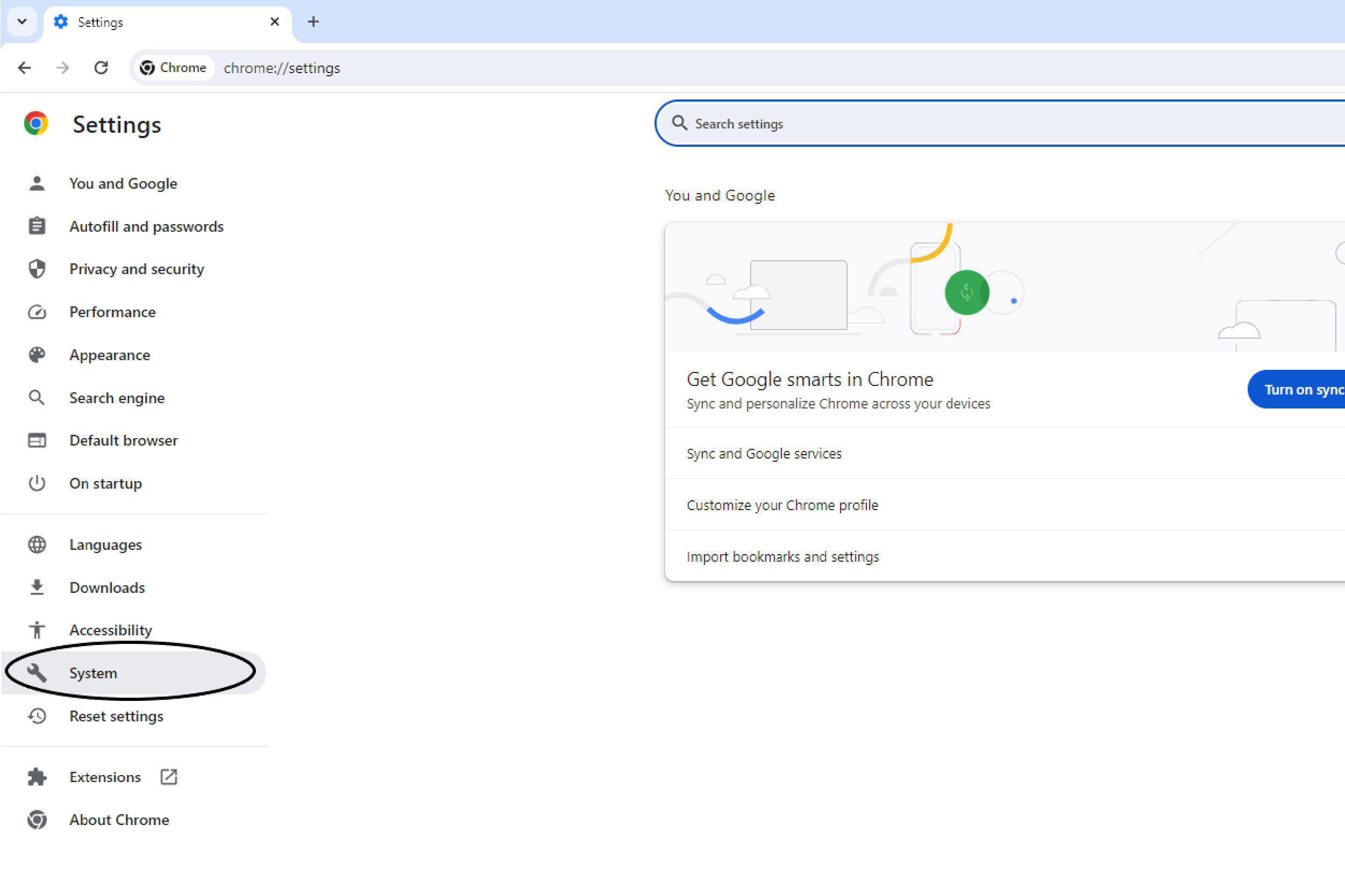 tìm mục system trong chrome