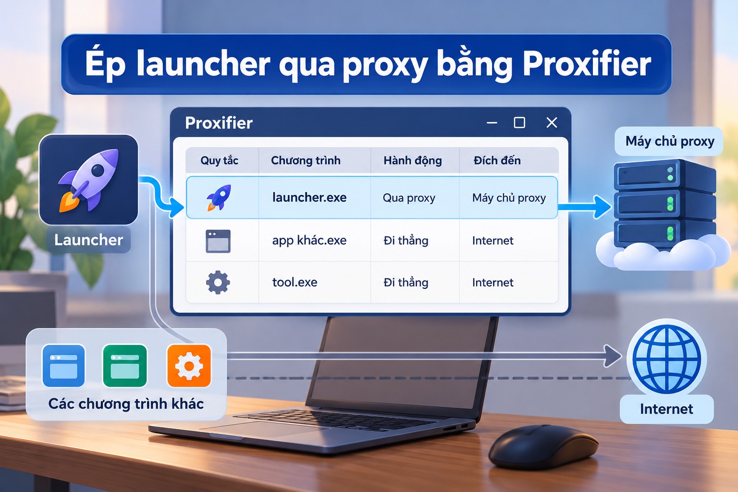 Ép launcher qua proxy bằng Proxifier
