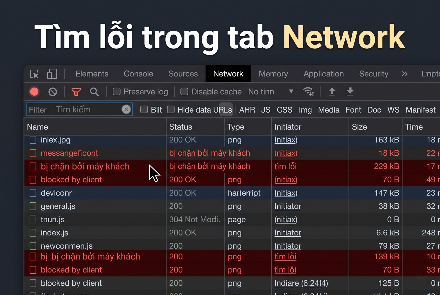 Tìm lỗi trong tab Network