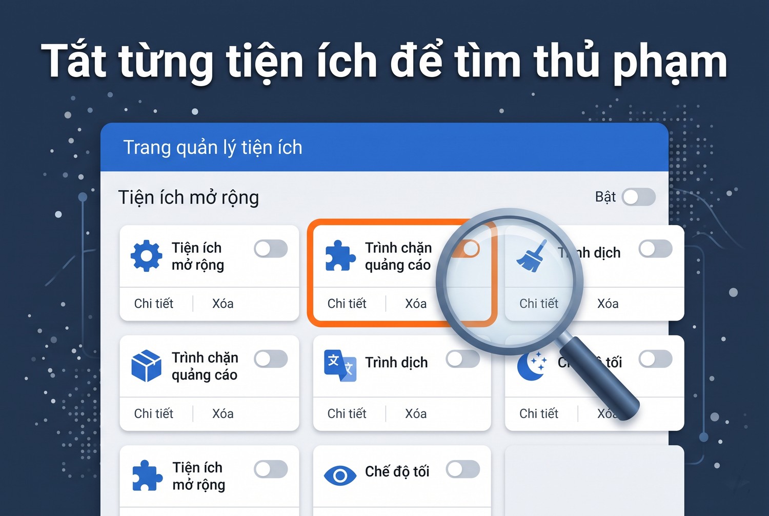 Tắt từng tiện ích để tìm thủ phạm