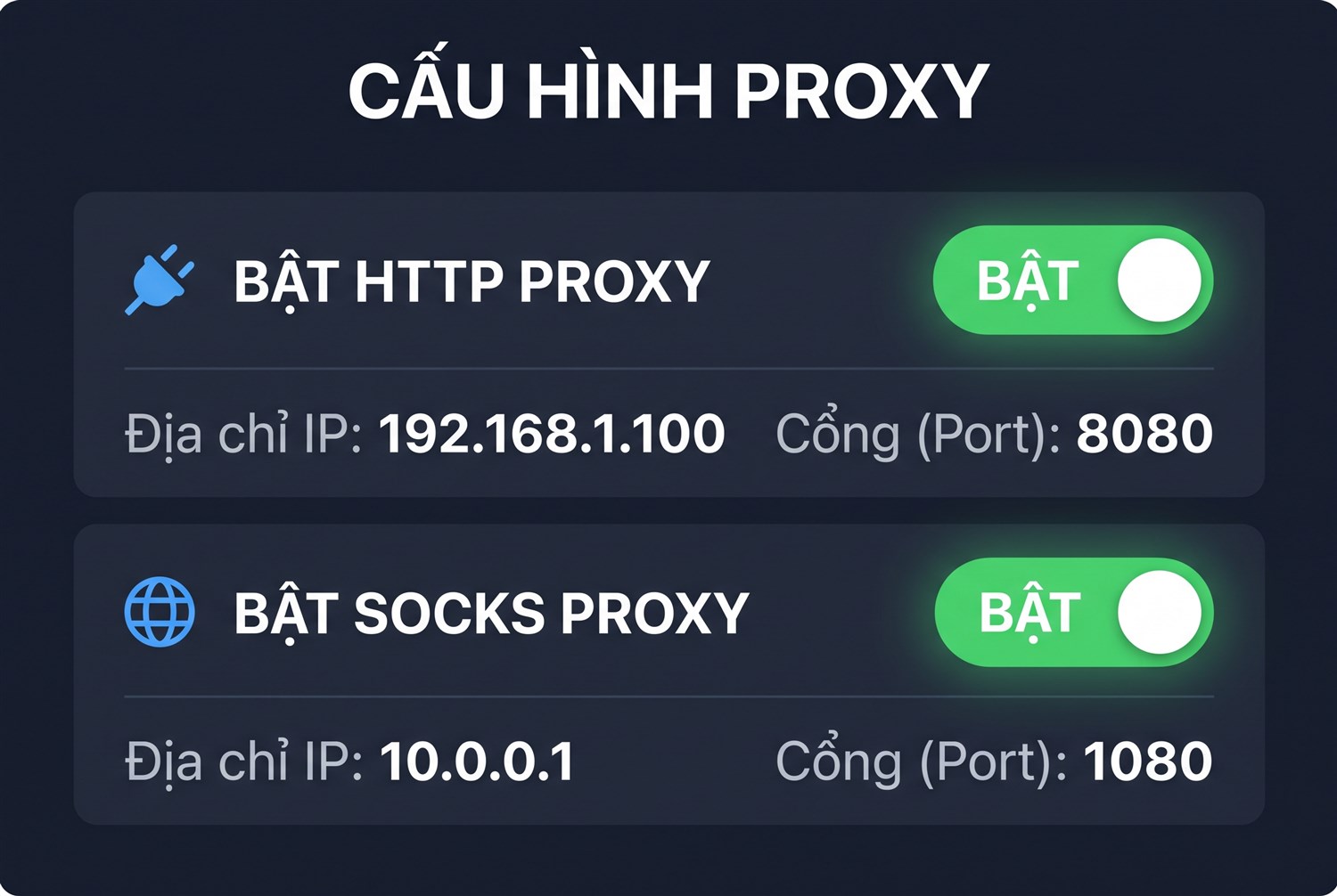 Giao diện bật HTTP và SOCKS
