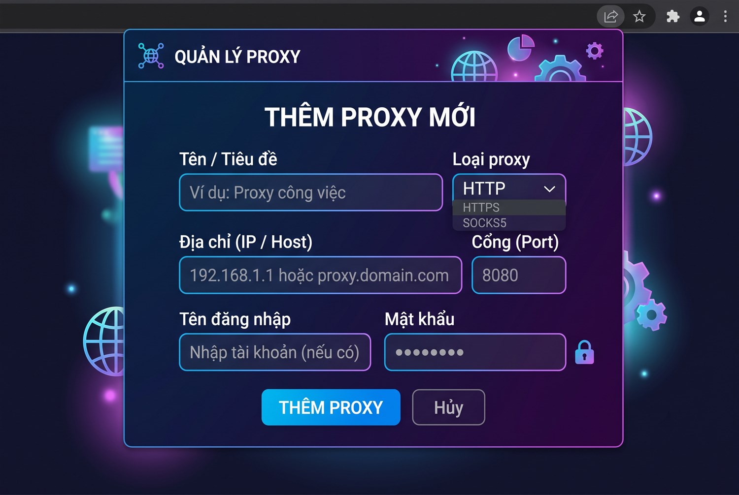 Biểu mẫu thêm proxy trong extension