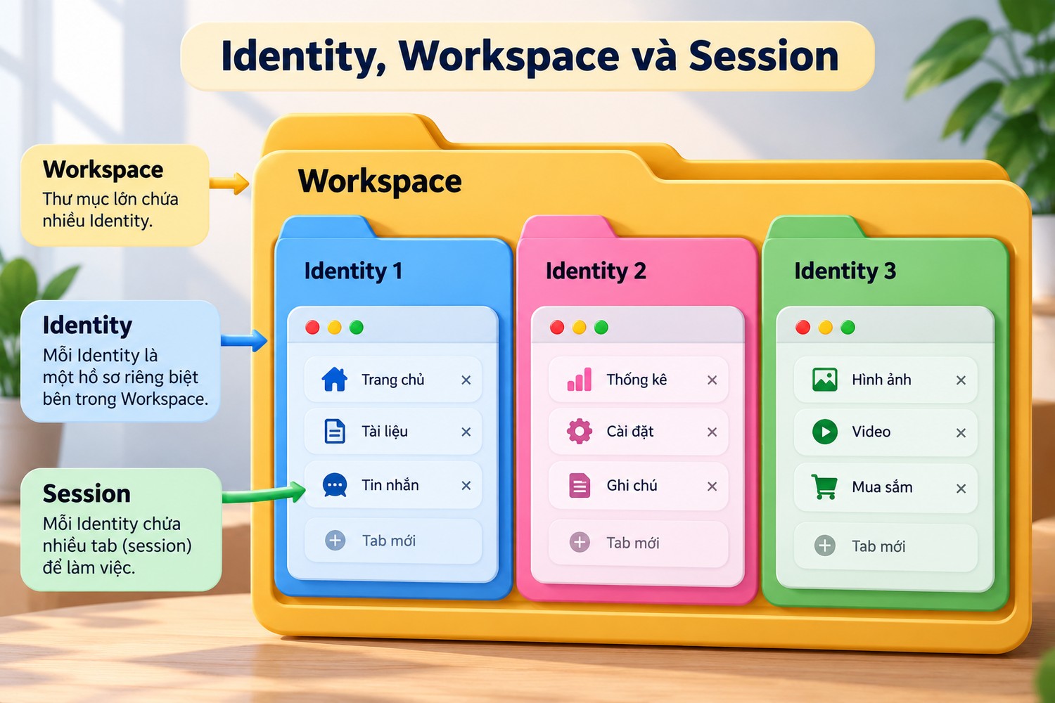 Identity, Workspace và Session
