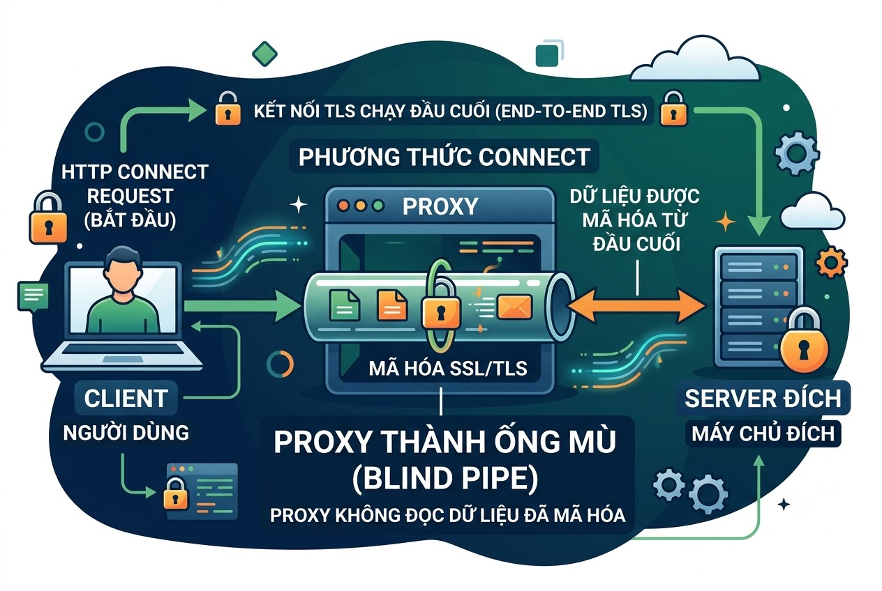 Phương thức CONNECT: proxy thành ống mù, TLS chạy đầu cuối