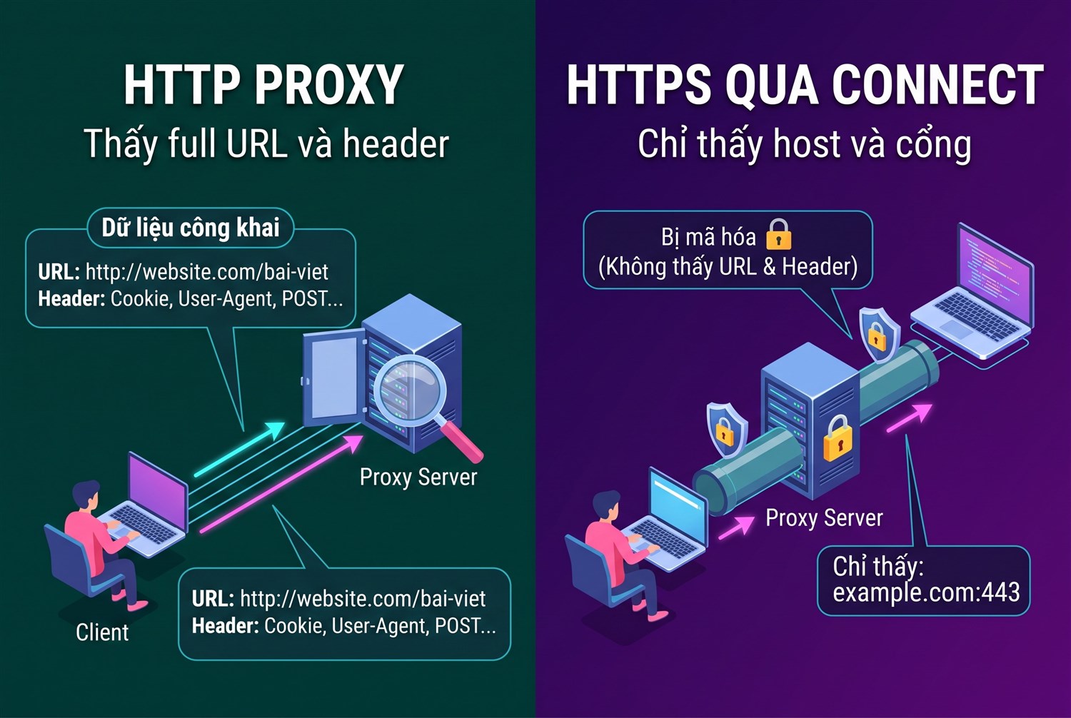 HTTP proxy thấy full URL và header – HTTPS qua CONNECT chỉ thấy host và cổng