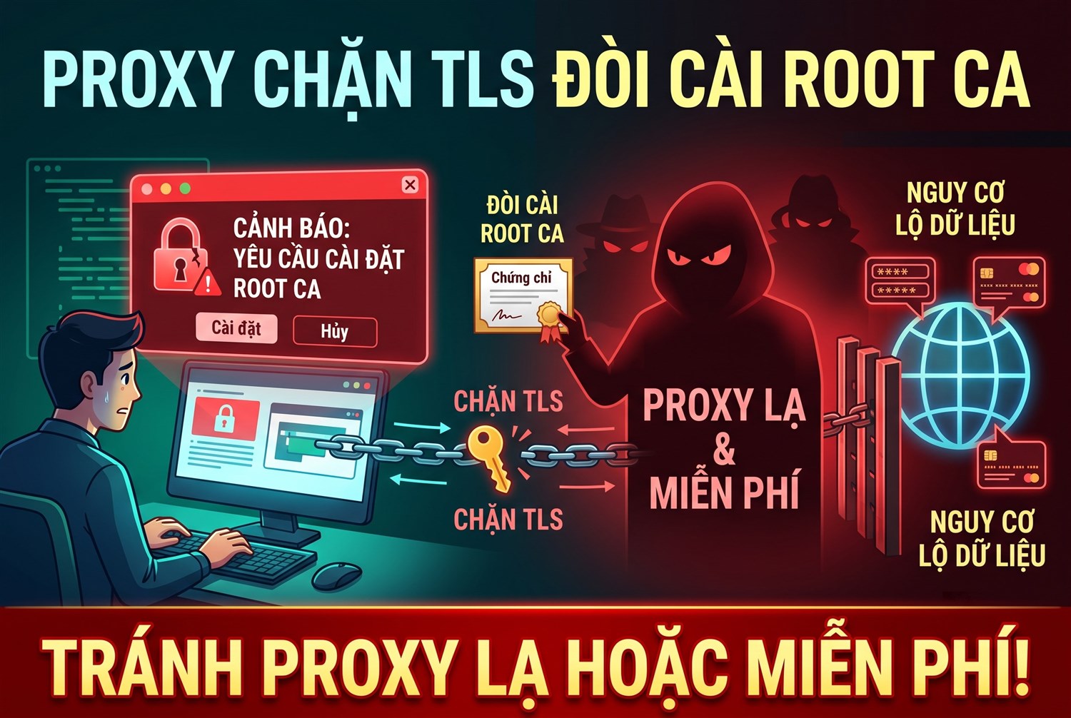 Proxy chặn TLS đòi cài root CA – tránh với proxy lạ hoặc miễn phí