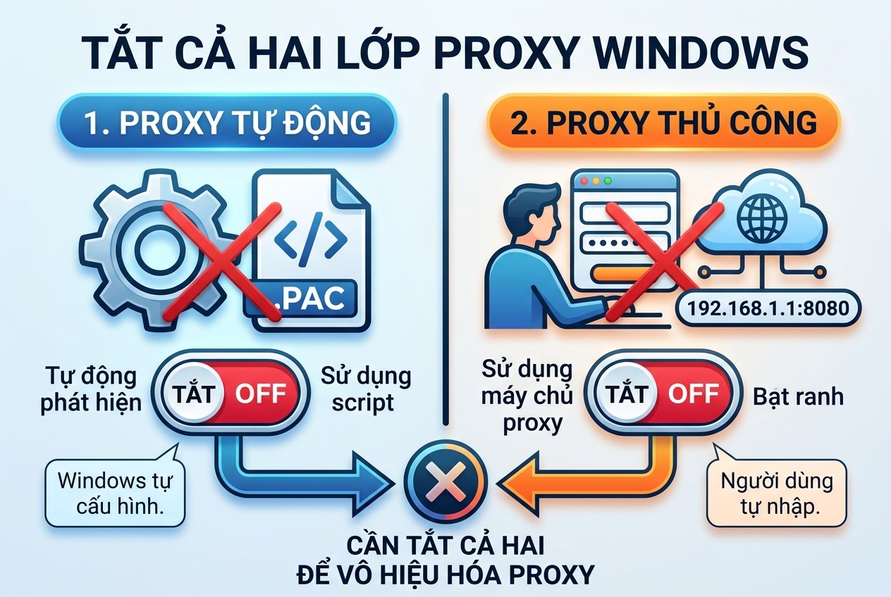 Windows có hai lớp proxy: thủ công và tự động, cần tắt cả hai