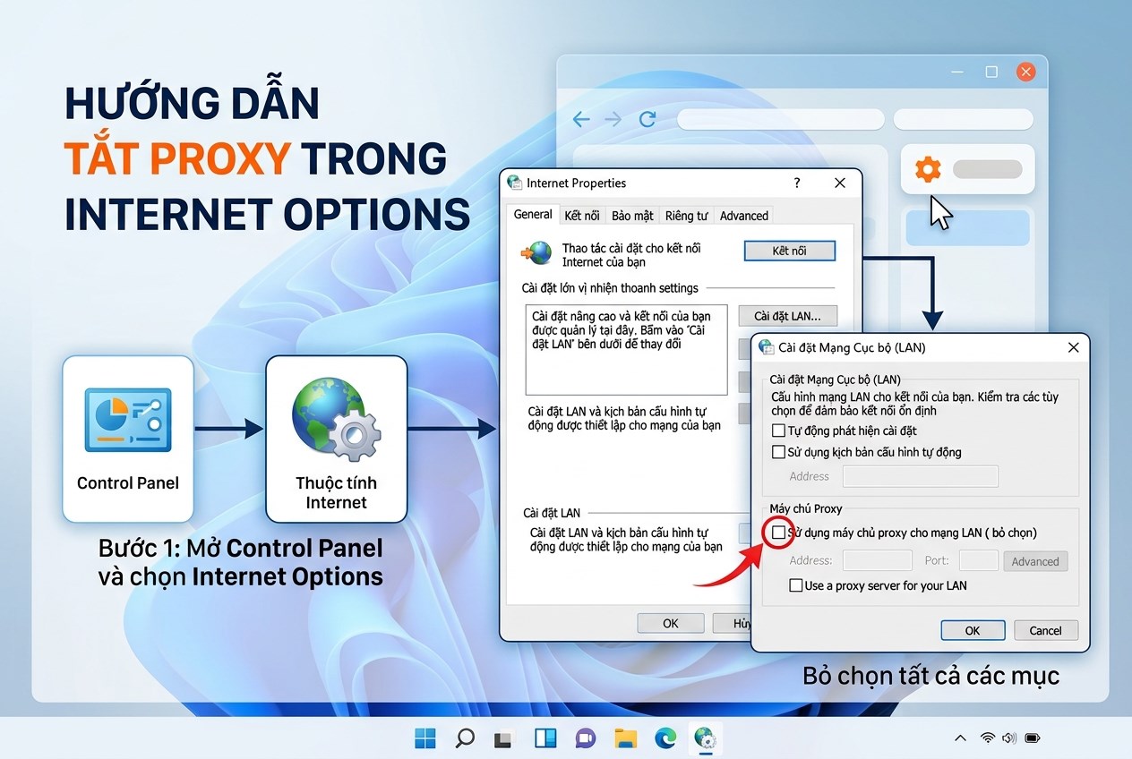 Tắt qua Control Panel: Internet Options > Connections > LAN settings