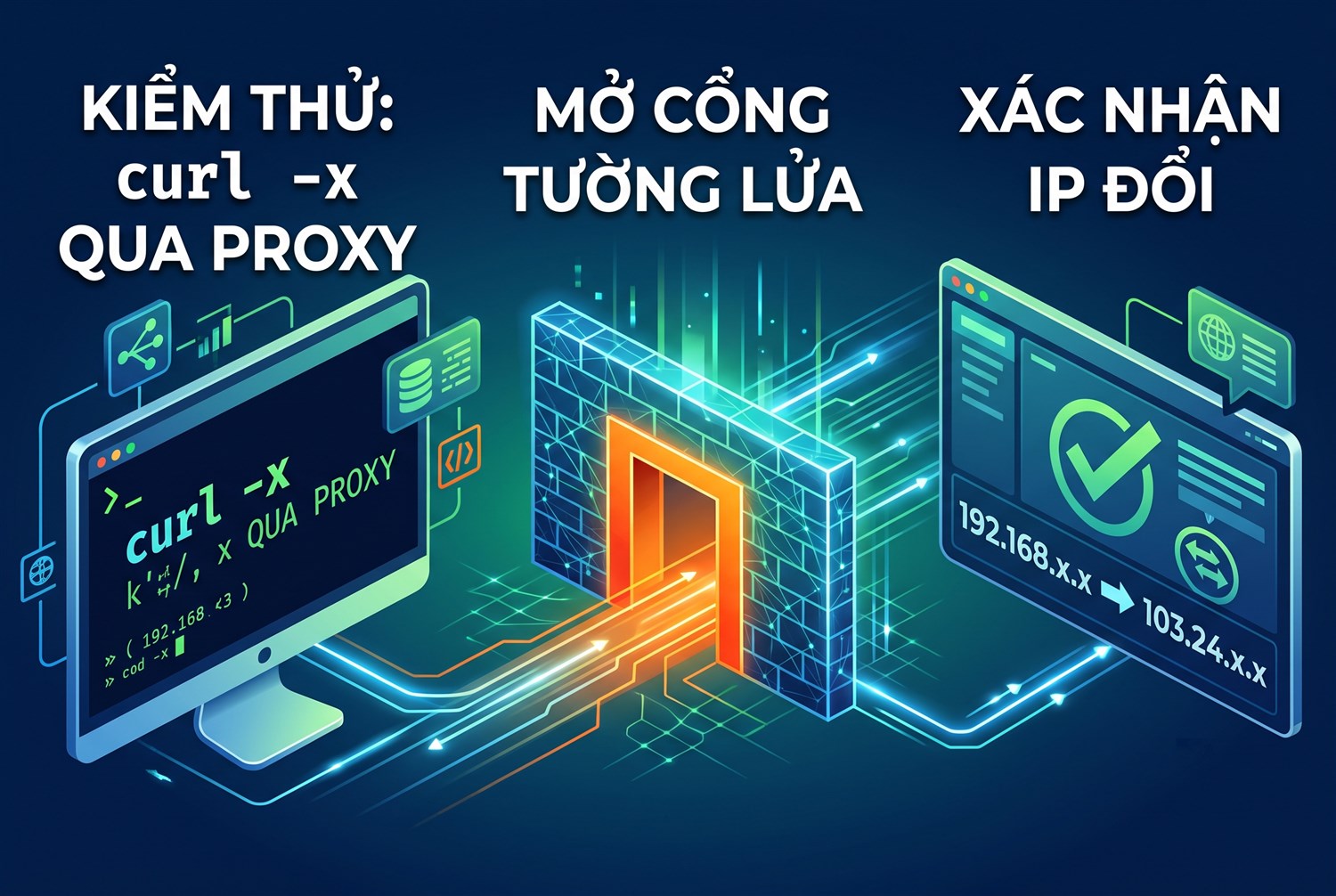 Kiểm thử: curl -x qua proxy, mở cổng tường lửa, xác nhận IP đổi