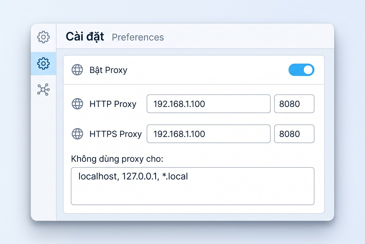 Bật proxy trong Preferences