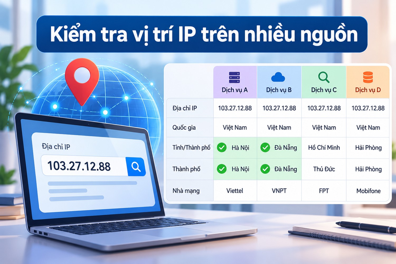 Kiểm tra vị trí IP trên nhiều nguồn