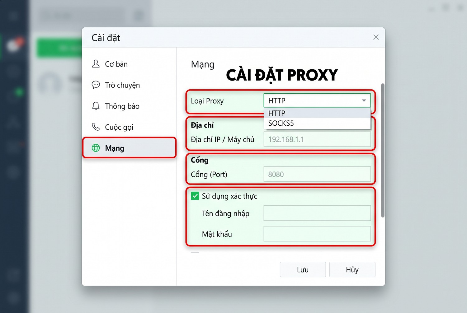 Mục cài proxy trong Line máy tính
