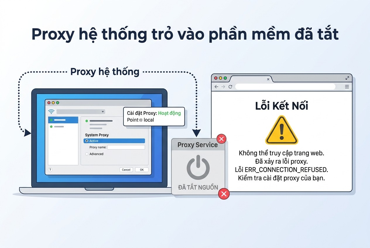 Proxy hệ thống trỏ vào phần mềm đã tắt