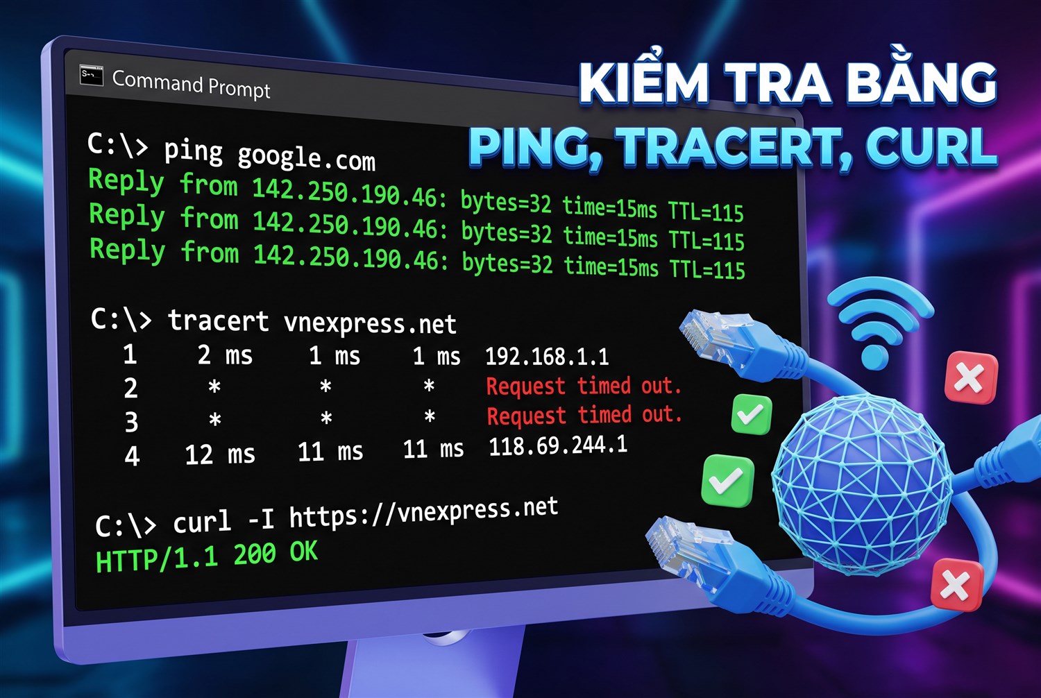 Kiểm tra bằng ping, tracert, curl