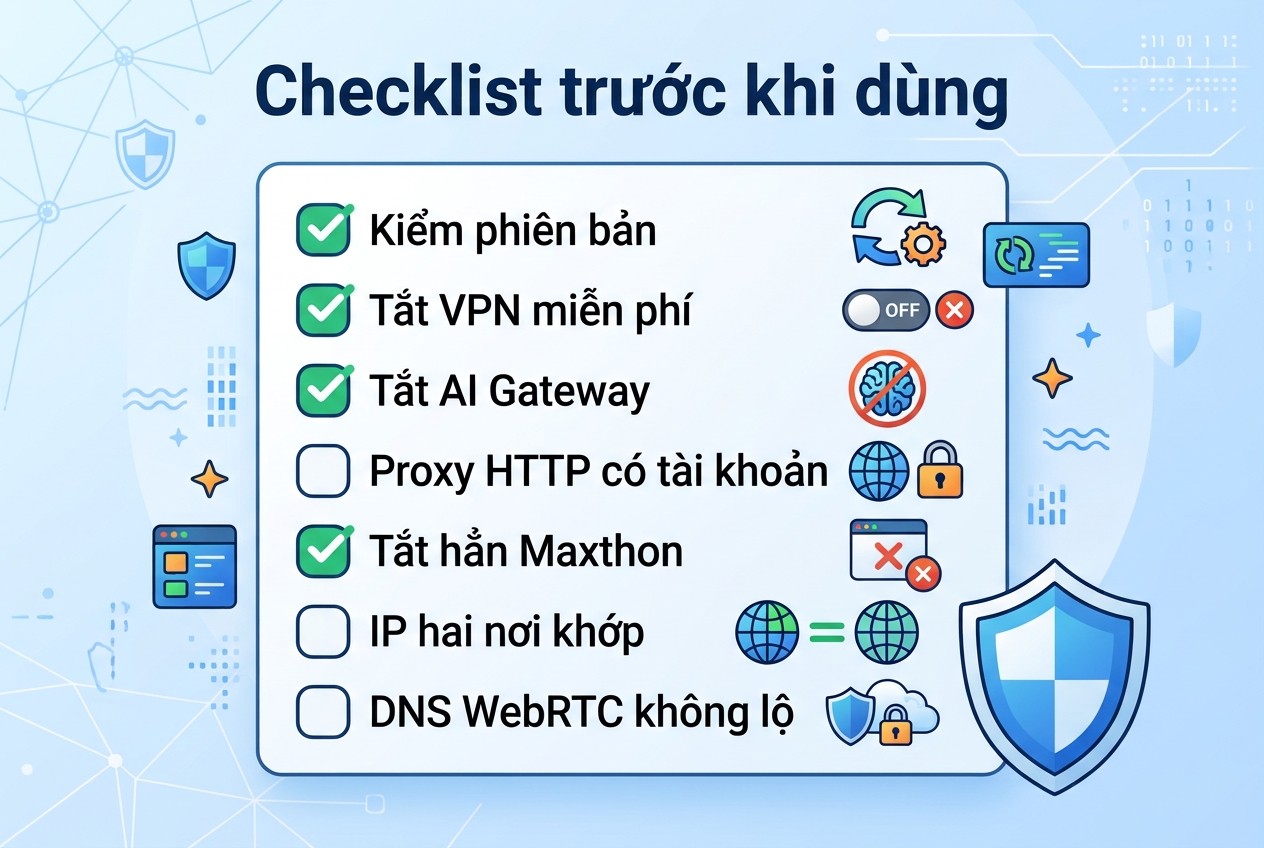 Checklist trước khi dùng