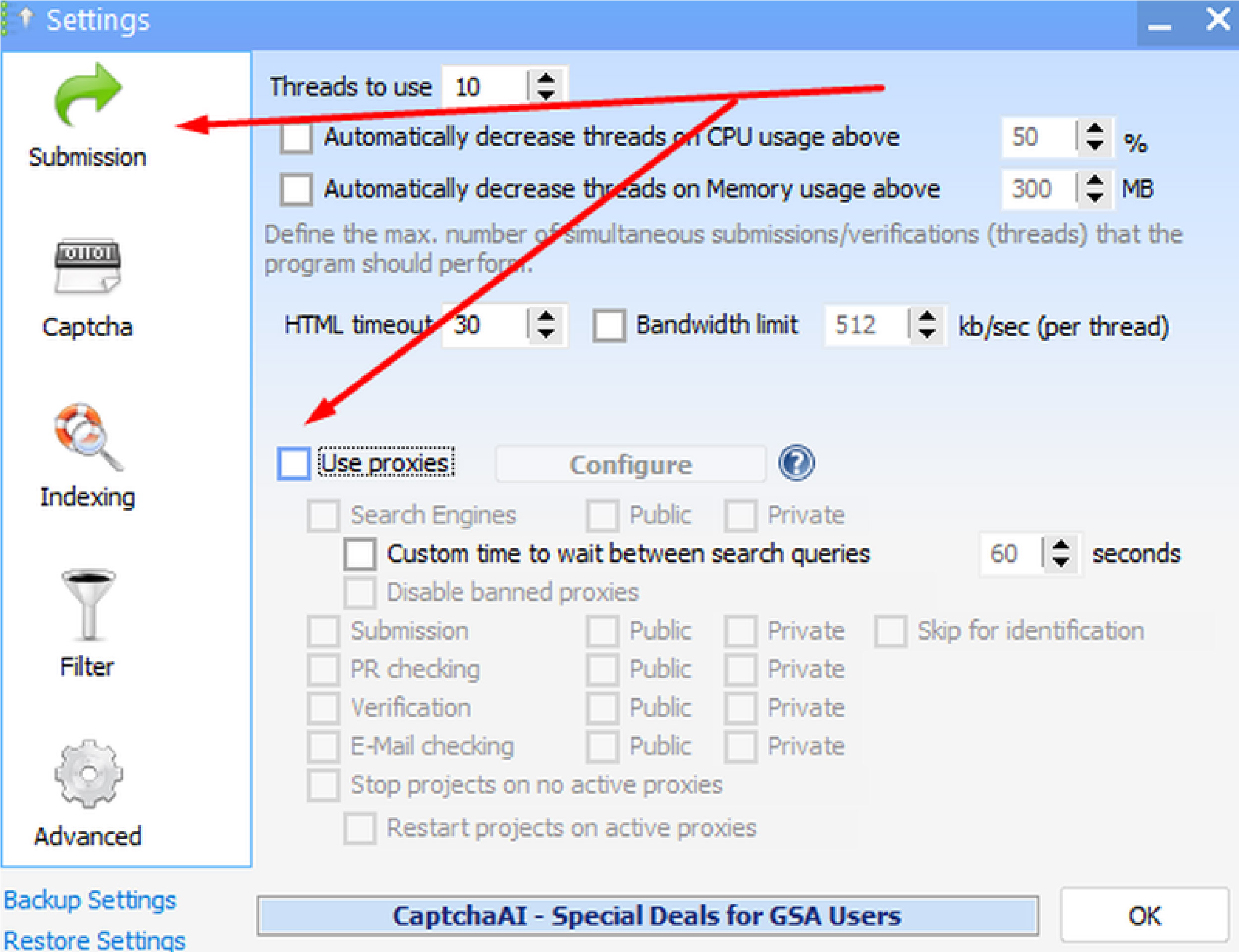 T&iacute;ch chọn &ocirc; &lsquo;Use Proxies&rsquo; trong tab Submission, sau đ&oacute; chọn &lsquo;Configure&rsquo;