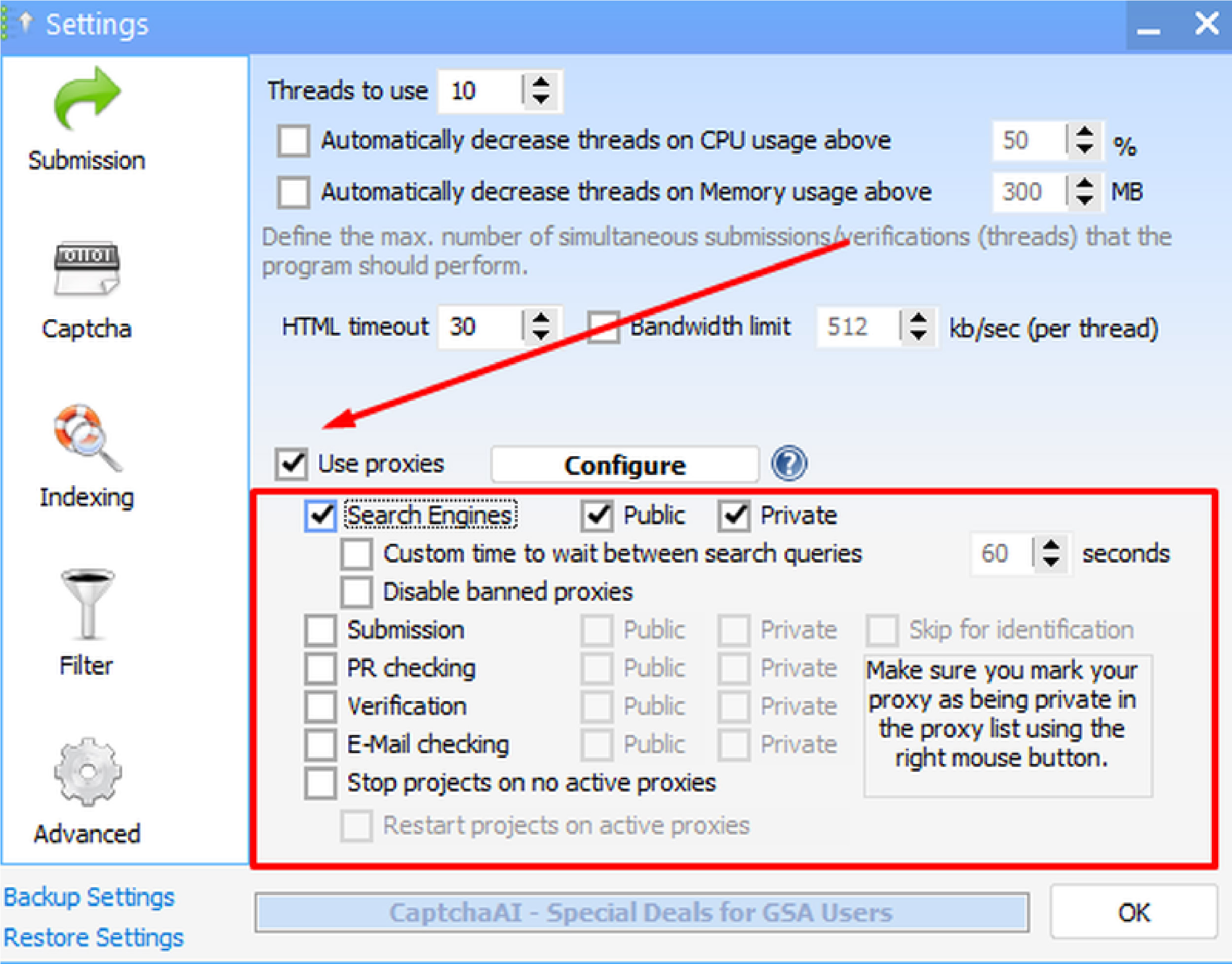 T&iacute;ch chọn &ocirc; &lsquo;Use Proxies&rsquo; trong tab Submission, sau đ&oacute; chọn &lsquo;Configure&rsquo;