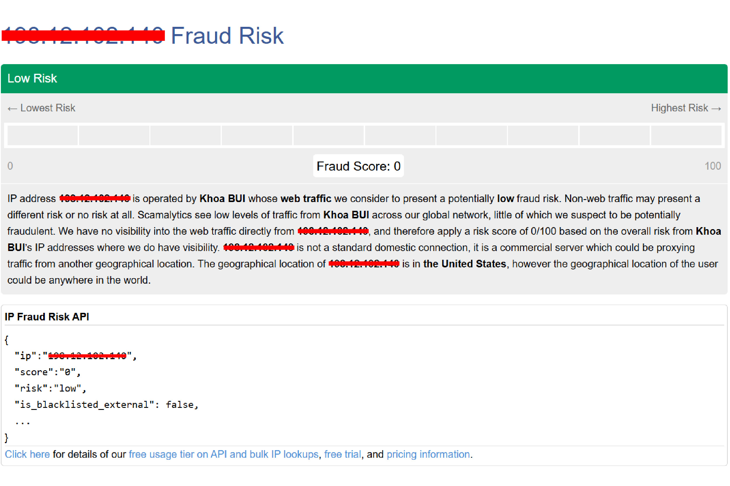 Check địa chỉ IP tại Scamalytics