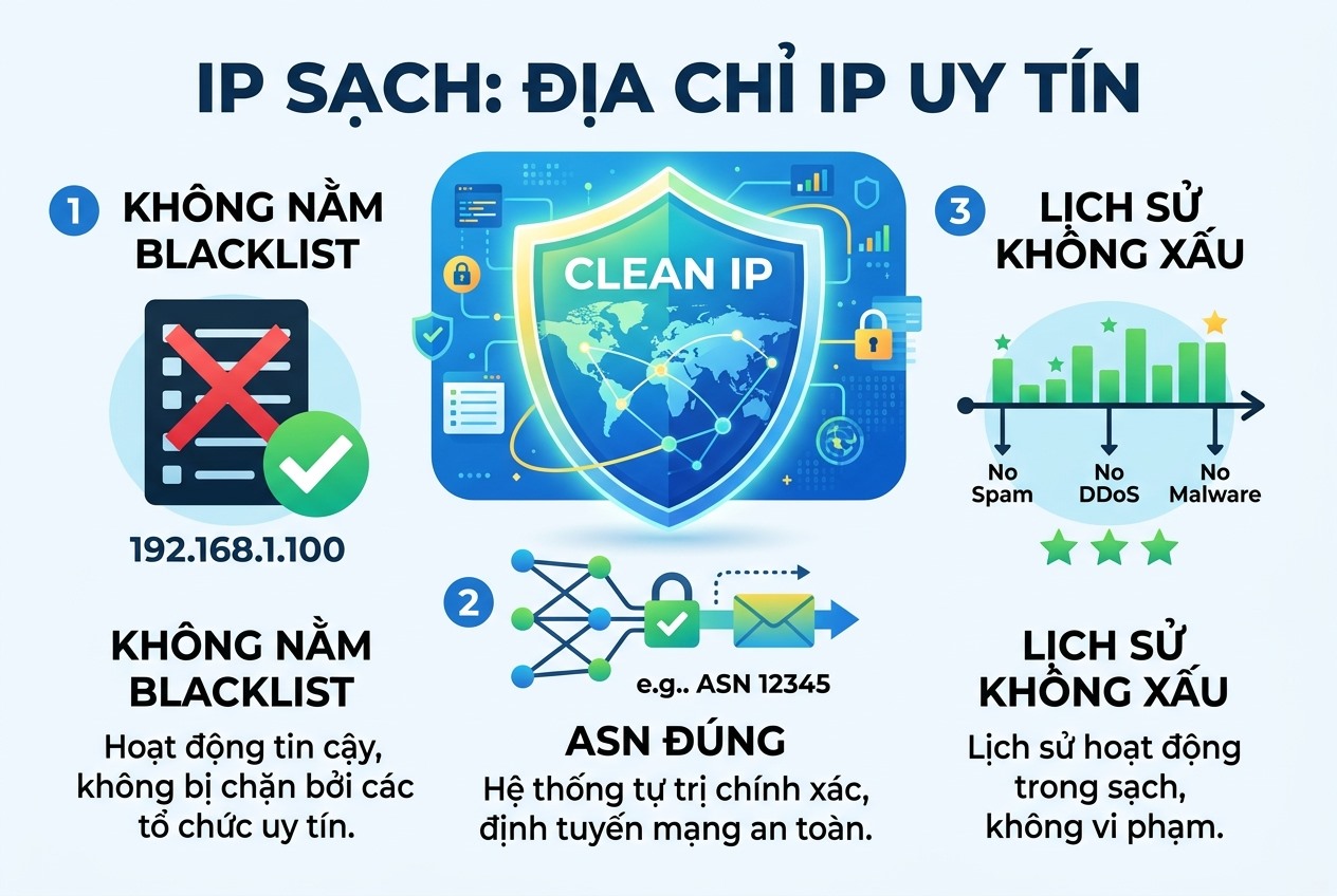IP sạch: không nằm blacklist, ASN đúng, lịch sử không xấu