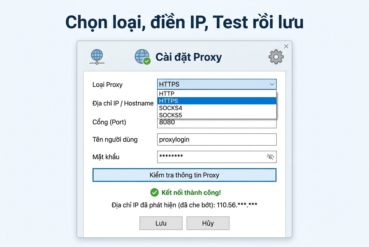 Chọn loại, điền IP, Test rồi lưu