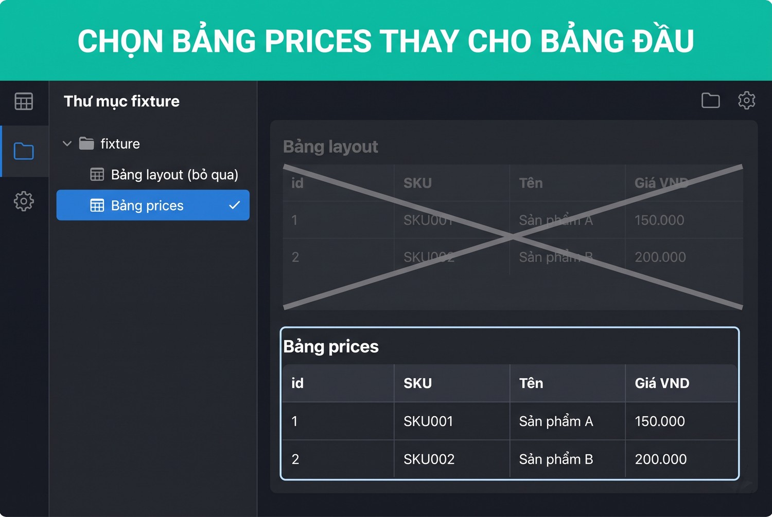 Chọn bảng prices thay cho bảng đầu