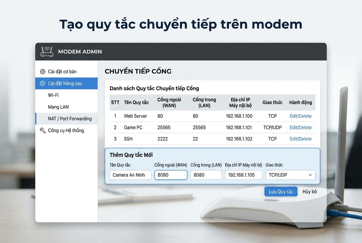 Tạo quy tắc chuyển tiếp trên modem