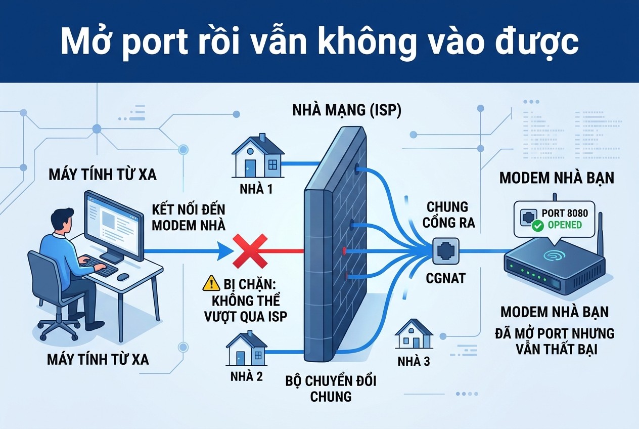 Mở port rồi vẫn không vào được