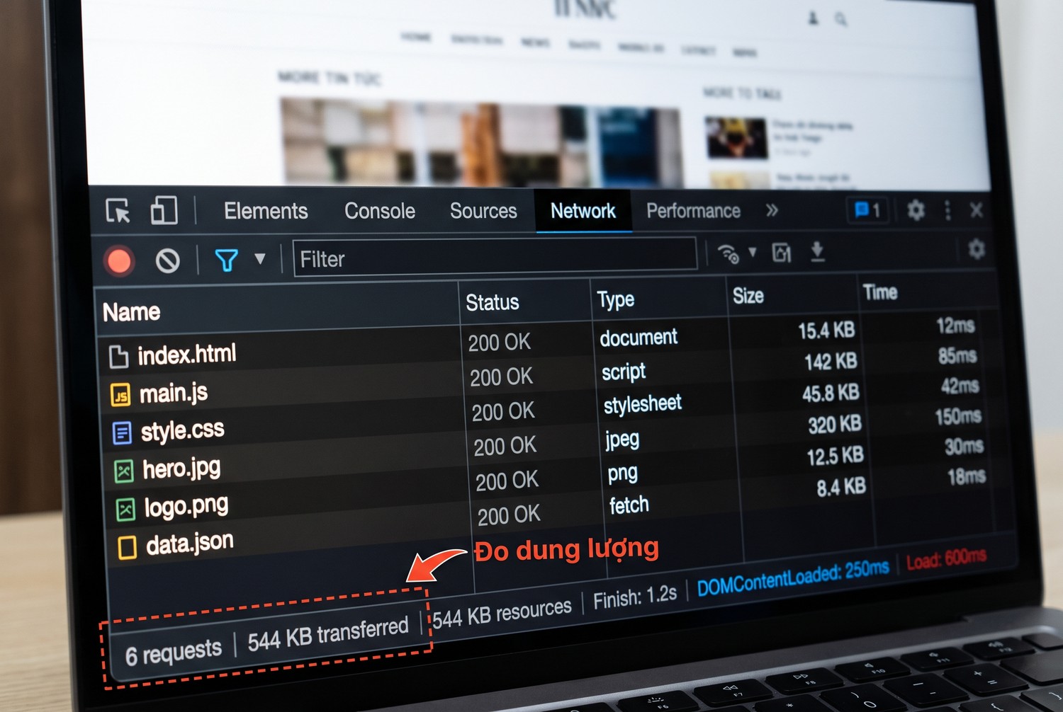Đo dung lượng bằng DevTools