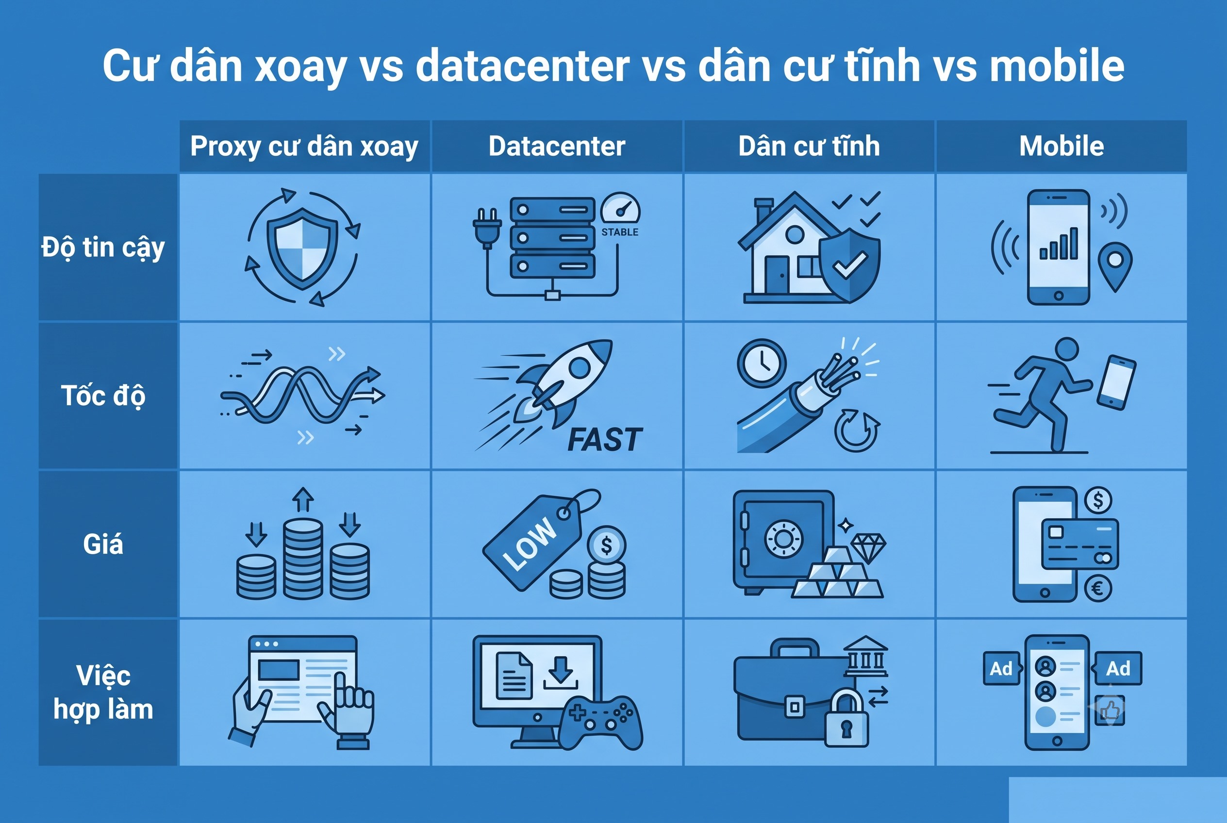 Cư dân xoay vs datacenter vs dân cư tĩnh vs mobile
