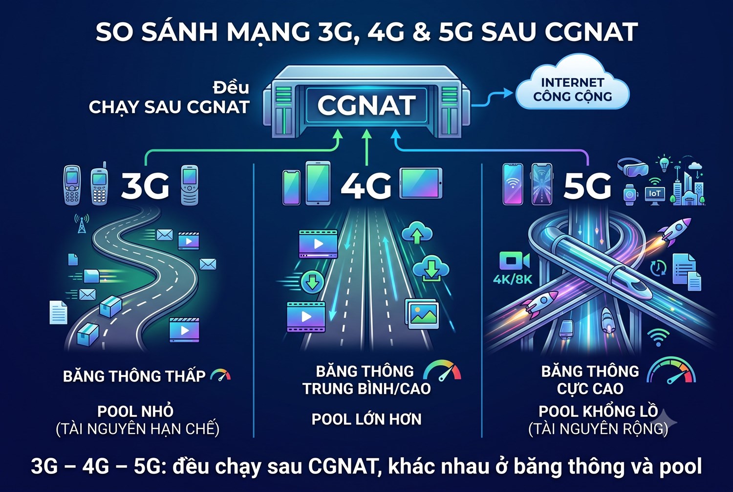 3G – 4G – 5G: đều chạy sau CGNAT, khác nhau ở băng thông và pool