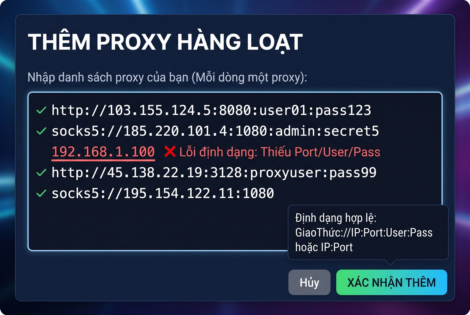 Thêm proxy hàng loạt