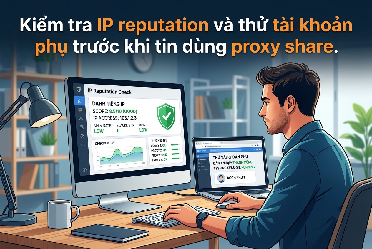 Kiểm tra IP reputation và thử tài khoản phụ trước khi tin dùng proxy share