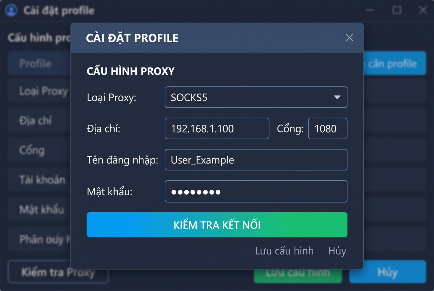 Điền proxy trong cài đặt profile