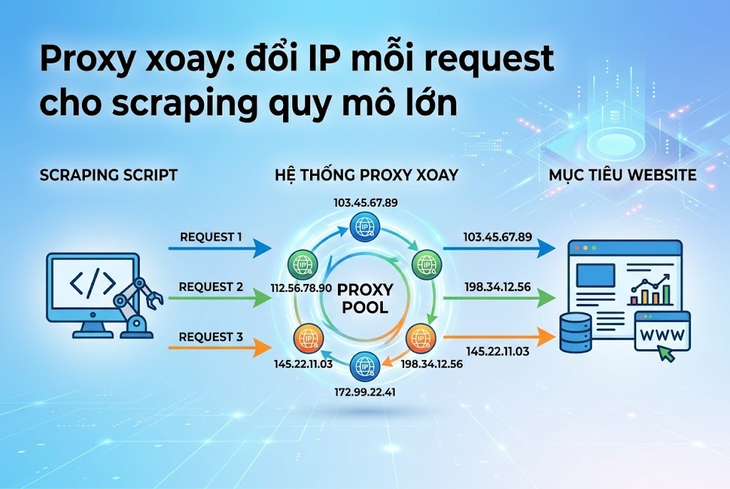 Proxy xoay: đổi IP mỗi request cho scraping quy mô lớn