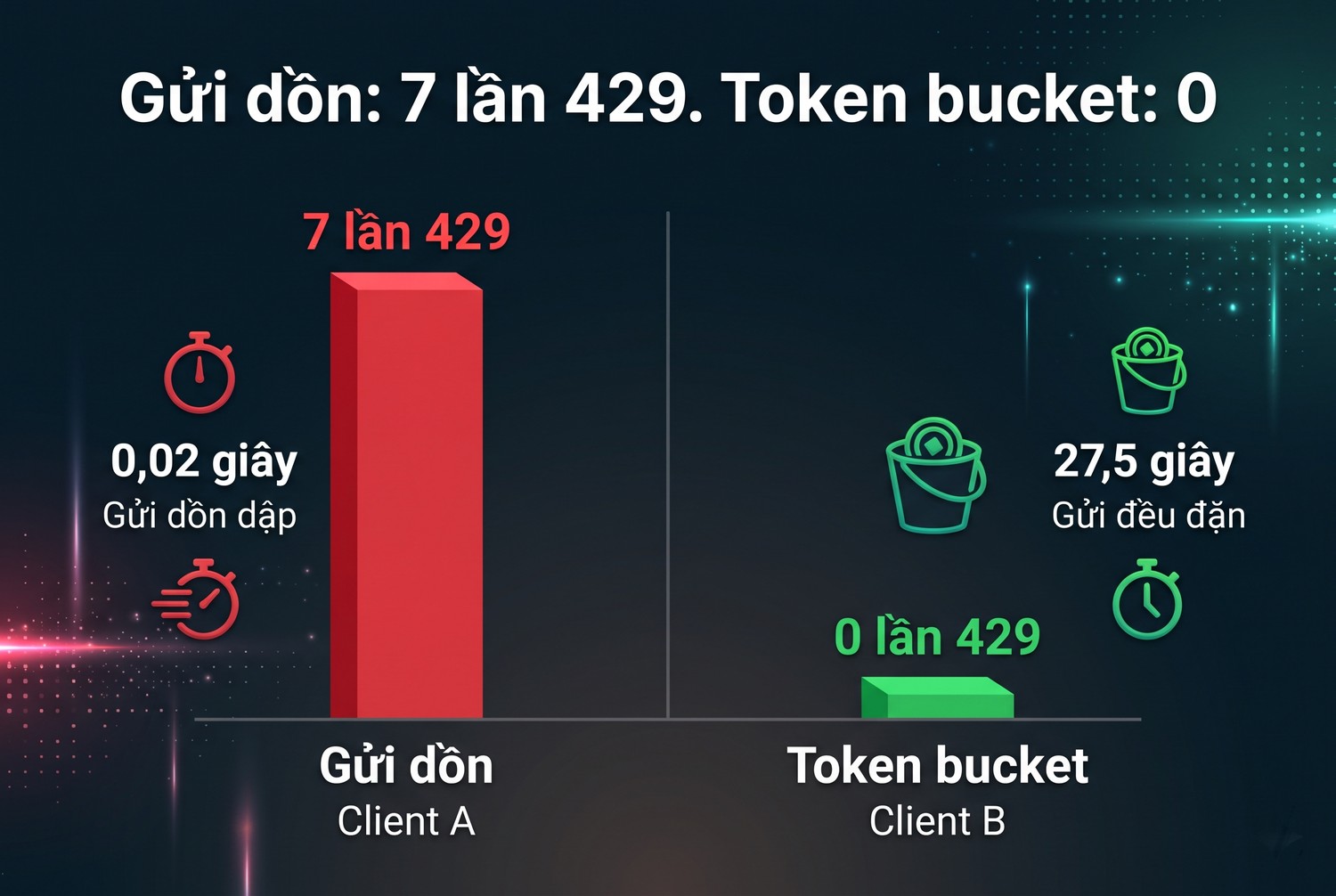 Gửi dồn: 7 lần 429. Token bucket: 0