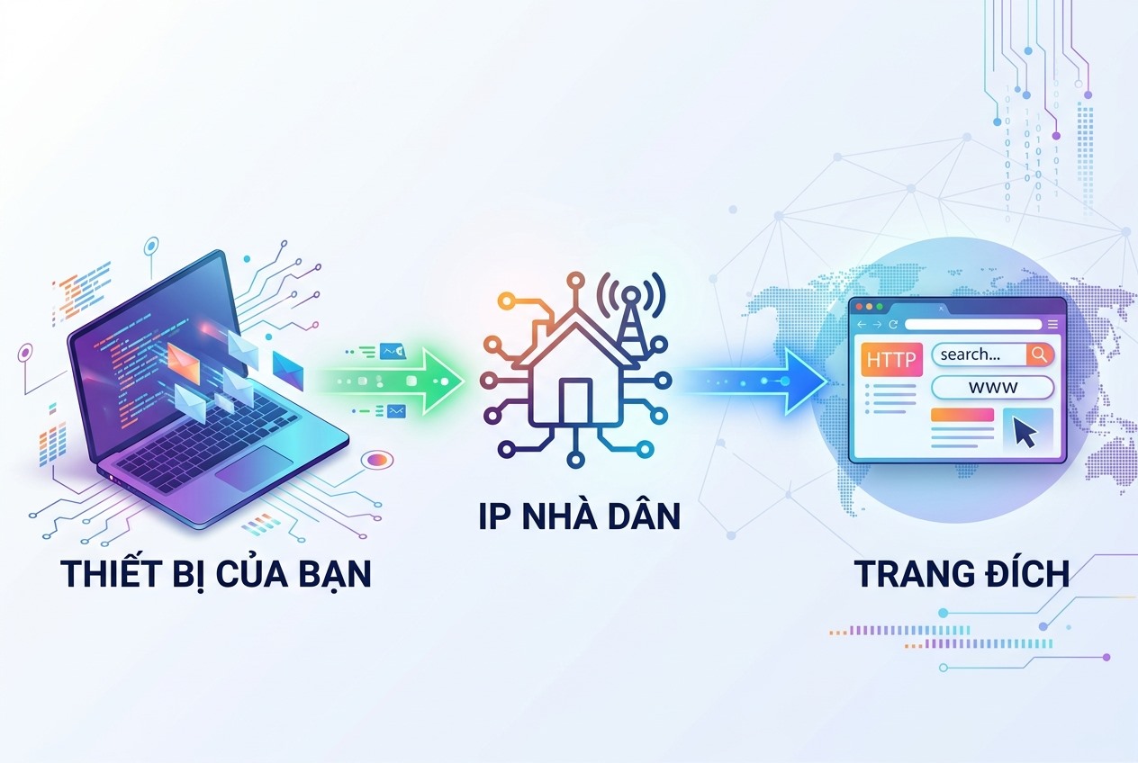 Đường đi request qua residential proxy: thiết bị của bạn -> IP nhà dân -> trang đích