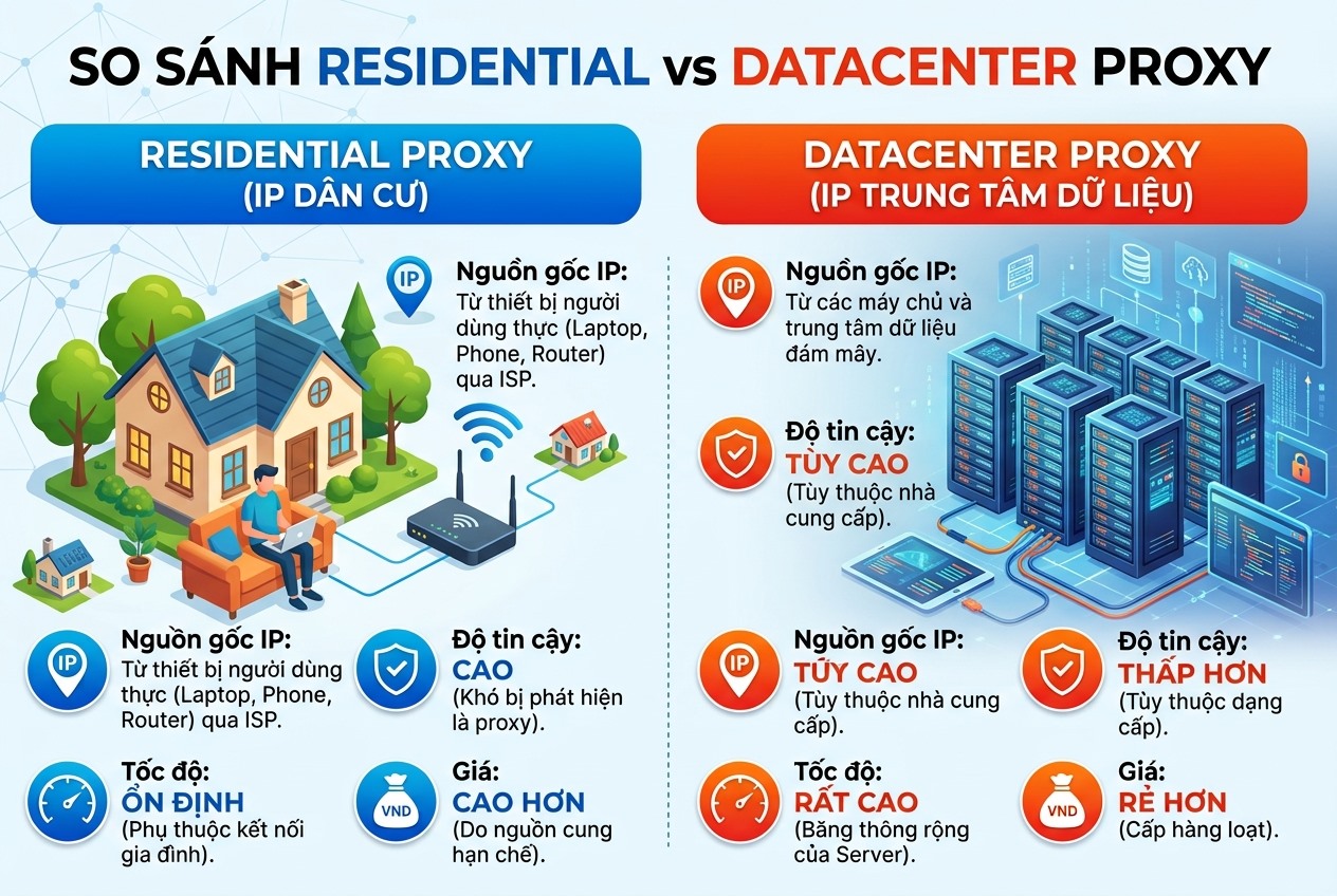 Residential vs Datacenter: nguồn gốc IP, độ tin cậy, tốc độ, giá